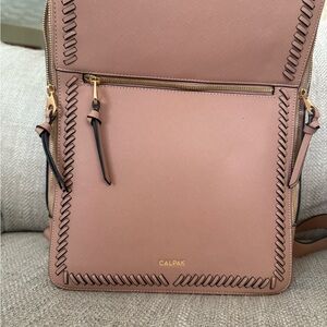 Calpak Blush Pink Saffiano Leather Laptop Backpack with Braided Trim